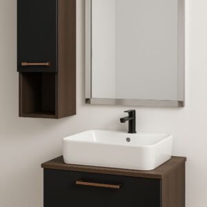 Mobilje lavamani moderne me pasqyre dhe lavaman te bardhe mbi dollap druri me ngjyre te zeze matte - dizajn elegant per banjo moderne