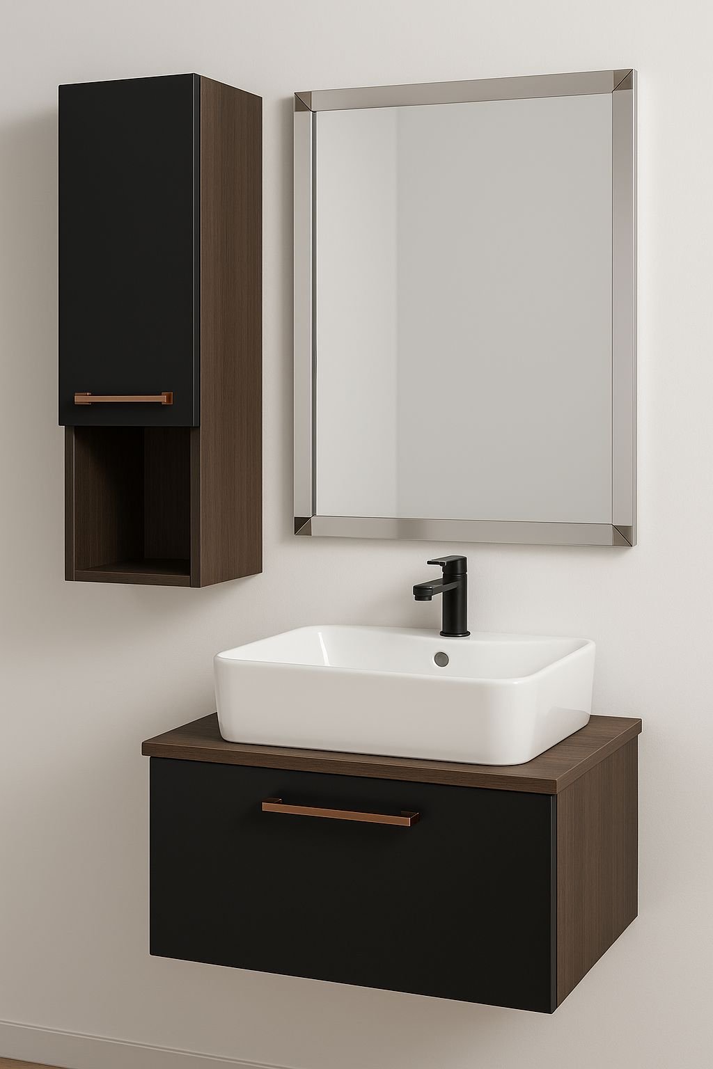 Mobilje lavamani moderne me pasqyre dhe lavaman te bardhe mbi dollap druri me ngjyre te zeze matte - dizajn elegant per banjo moderne