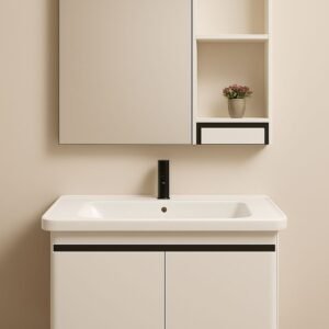 Set mobilje banjoje me lavaman të bardhë me dyer poshtë dhe pasqyrë me dollap anësor me ndarje të hapura dhe të mbyllura. Dizajn minimalist dhe funksional.