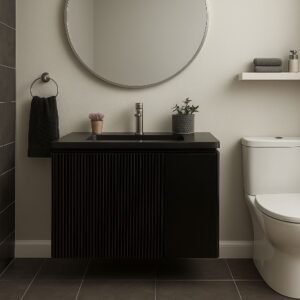 “Set banjoje Black Pearl me lavaman të zi elegant, mobilje me dizajn modern dhe pasqyrë rrethore.