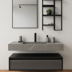 “Set banjoje Urban Stone me lavaman guri të varur, pasqyrë moderne me kornizë të zezë dhe raft metalik me ndarje të hapura për organizim dhe dekor.”